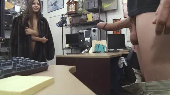 Native girl in fur coat sucking dick in pawn shop office
